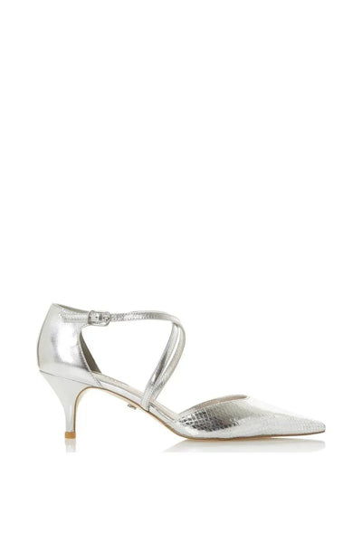 DUNE (BN) Silver leather "Cross strap kitten" heel! 39