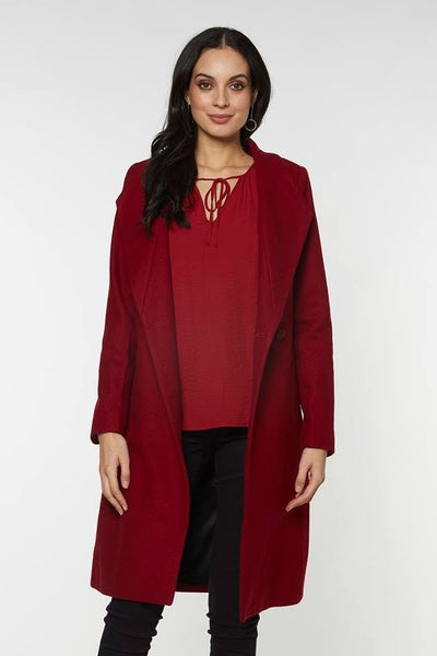 MAX - Wool blend tie waist long coat - Merlot! 10