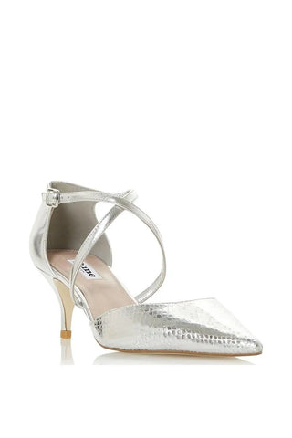 DUNE (BN) Silver leather "Cross strap kitten" heel! 39