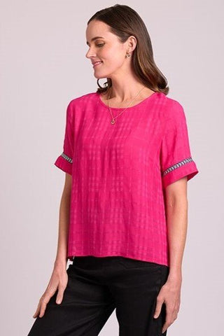 OH THREE - Step hem rib trim top - Pink check! 16