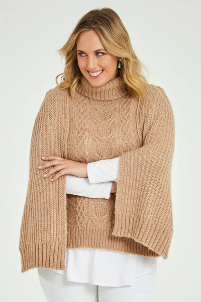 BOHO BIRD - Wool blend cable knit poncho - Camel! 10-12