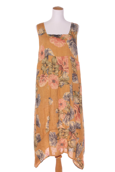 HELGA MAY (ITA) Ochre floral linen dress + pockets! 12-16