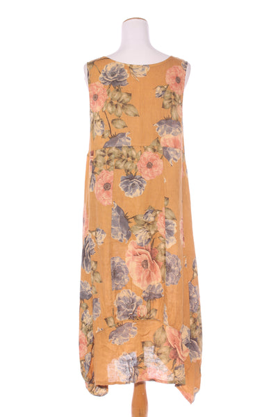 HELGA MAY (ITA) Ochre floral linen dress + pockets! 12-16