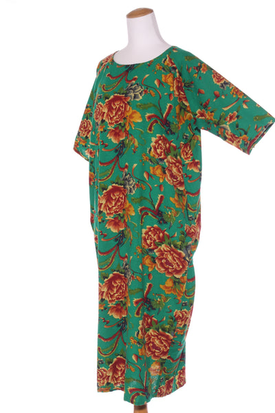 Green floral linen/cotton dress + pockets! 12-14