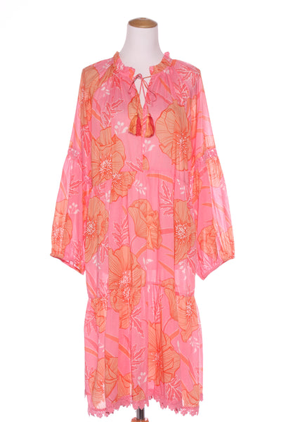 NAUDIC (LN) Lace trim cotton floral dress - Pink/orange! 16-18