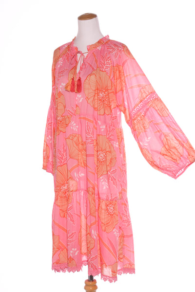 NAUDIC (LN) Lace trim cotton floral dress - Pink/orange! 16-18