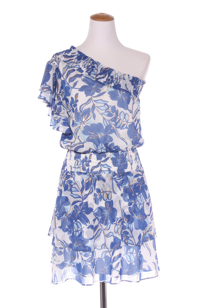 AUGUSTINE - Blue gold floral print shirred waist dress! 8-10