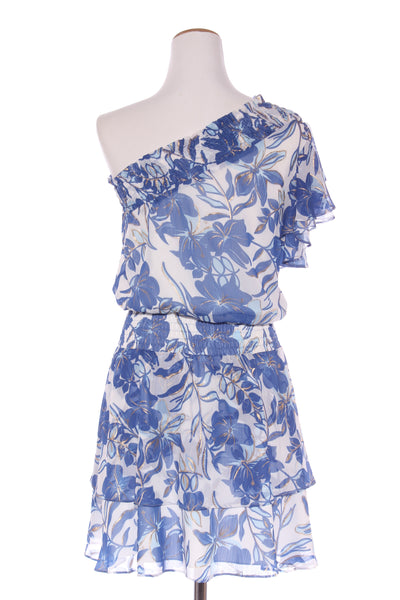 AUGUSTINE - Blue gold floral print shirred waist dress! 8-10