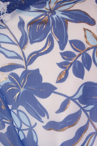 AUGUSTINE - Blue gold floral print shirred waist dress! 8-10