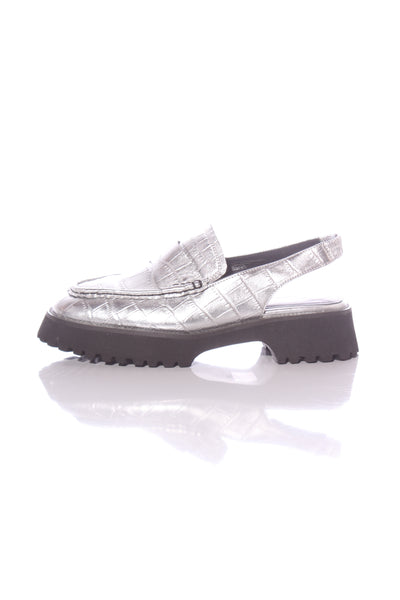 MINX - Silver croc-emboss leather slingback loafers! 40