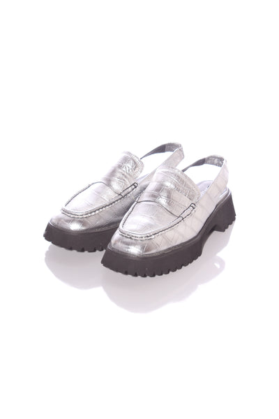 MINX - Silver croc-emboss leather slingback loafers! 40