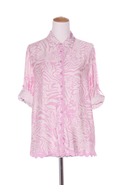 GRACE & CO - Pink animal print Ric rac trim shirt! 14