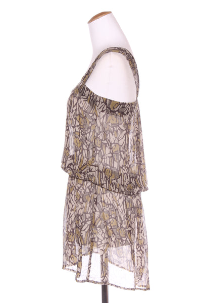 STORM (NZ) Silk chiffon shirred waist tunic - Khaki print! 8