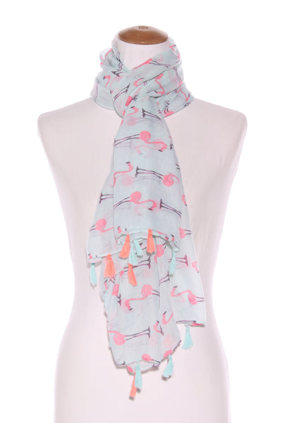 Pink flamingo print pale blue scarf!
