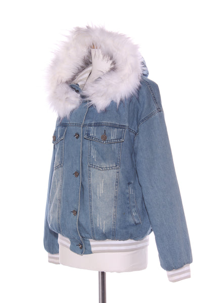 CHARLO - Denim fur lined hooded bomber jacket! 8-10