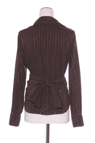 EMERGE - Gold + brown pinstripe wrap top! 14