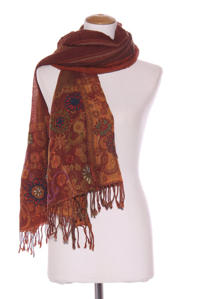 TRADITION - Pretty embroidered wool scarf - Earthy tones!