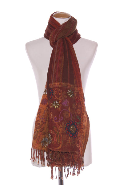 TRADITION - Pretty embroidered wool scarf - Earthy tones!