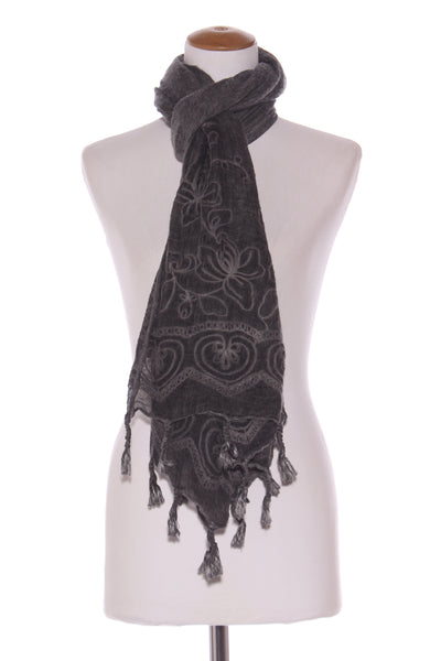 Embroidered linen blend scarf/shawl - Smokey/charcoal!