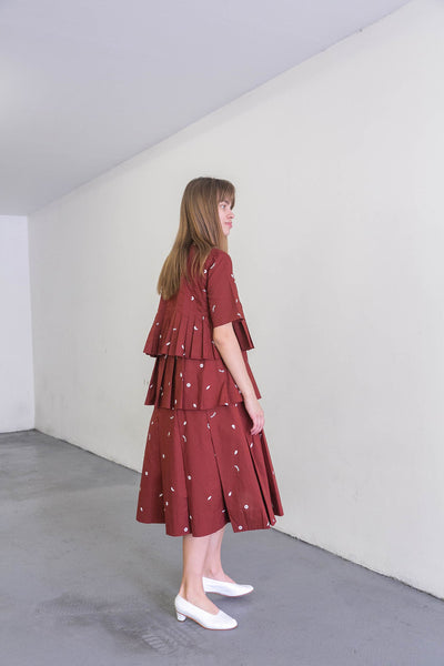 KOWTOW - Pleated tiered Rei dress - Clay red print! 16