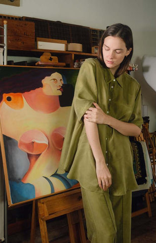 OVNA OVICH (NZ) Cupro blend Painters shirt - Grass ! 8-16
