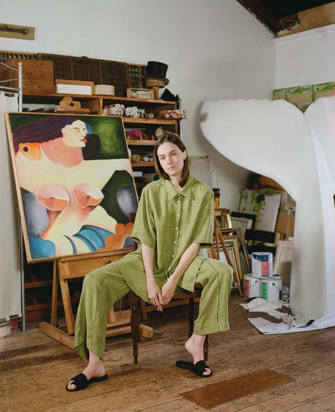 OVNA OVICH (NZ) Cupro blend Painters shirt - Grass ! 8-16