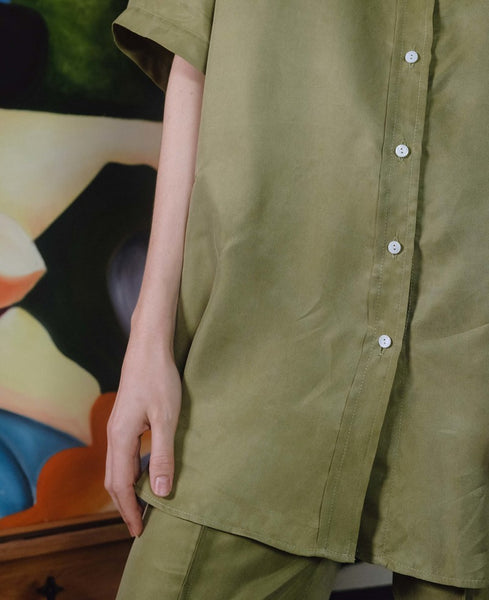OVNA OVICH (NZ) Cupro blend Painters shirt - Grass ! 8-16