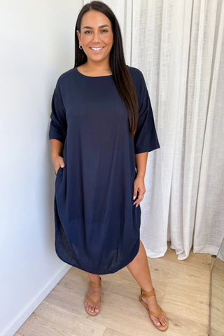 VINE APPAREL (LN) Linen blend Otto dress - Navy! 10-12