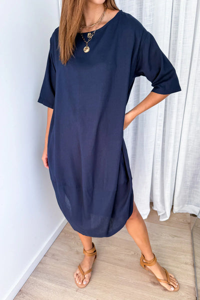 VINE APPAREL (LN) Linen blend Otto dress - Navy! 10-12
