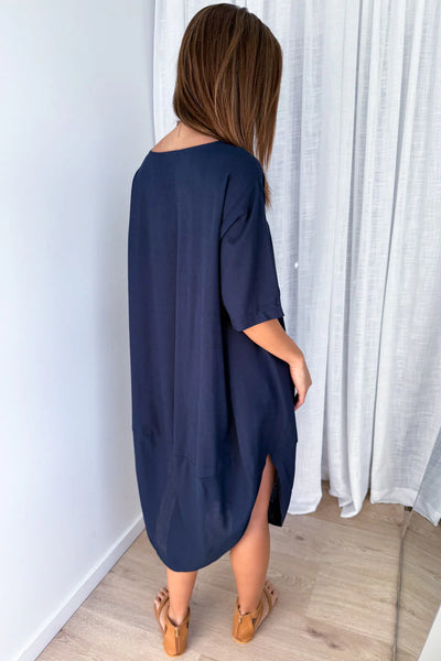 VINE APPAREL (LN) Linen blend Otto dress - Navy! 10-12