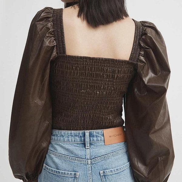 WITCHERY - Faux leather shirred top - Brown! 14