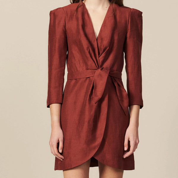 SANDRO - Linen blend wrap dress - Rust! 12