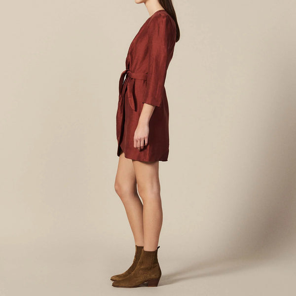 SANDRO - Linen blend wrap dress - Rust! 12