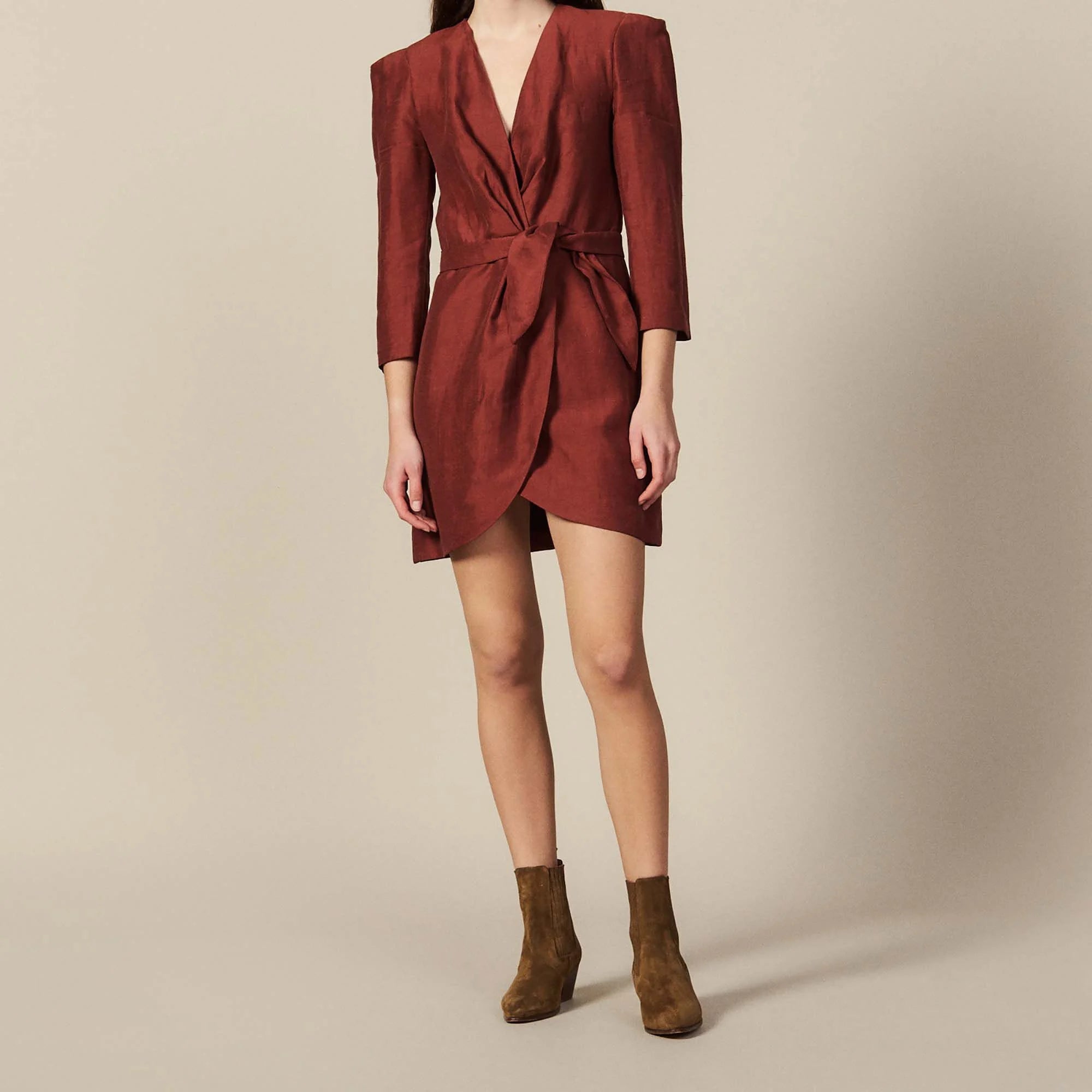 SANDRO Linen blend wrap dress Rust! 12 - Main Image