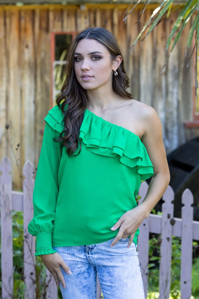 PRETTY BASIC (LN) Green off the shoulder top! 8