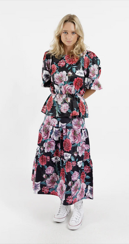 FEDERATION - Dark floral satin tier skirt! 14