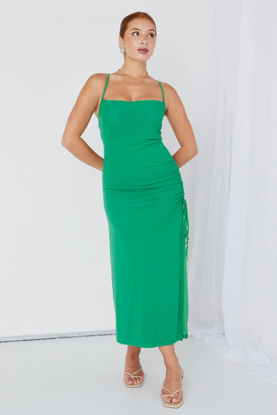 GEORGIA MAE (BN) Bright green ruched side dress! 10
