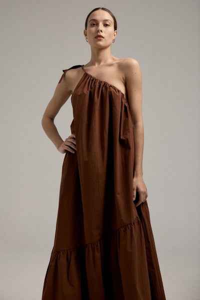 MARLE - William one shoulder cotton dress - Brick! 8-12