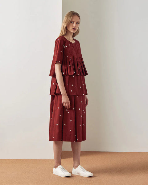 KOWTOW - Pleated tiered Rei dress - Clay red print! 16